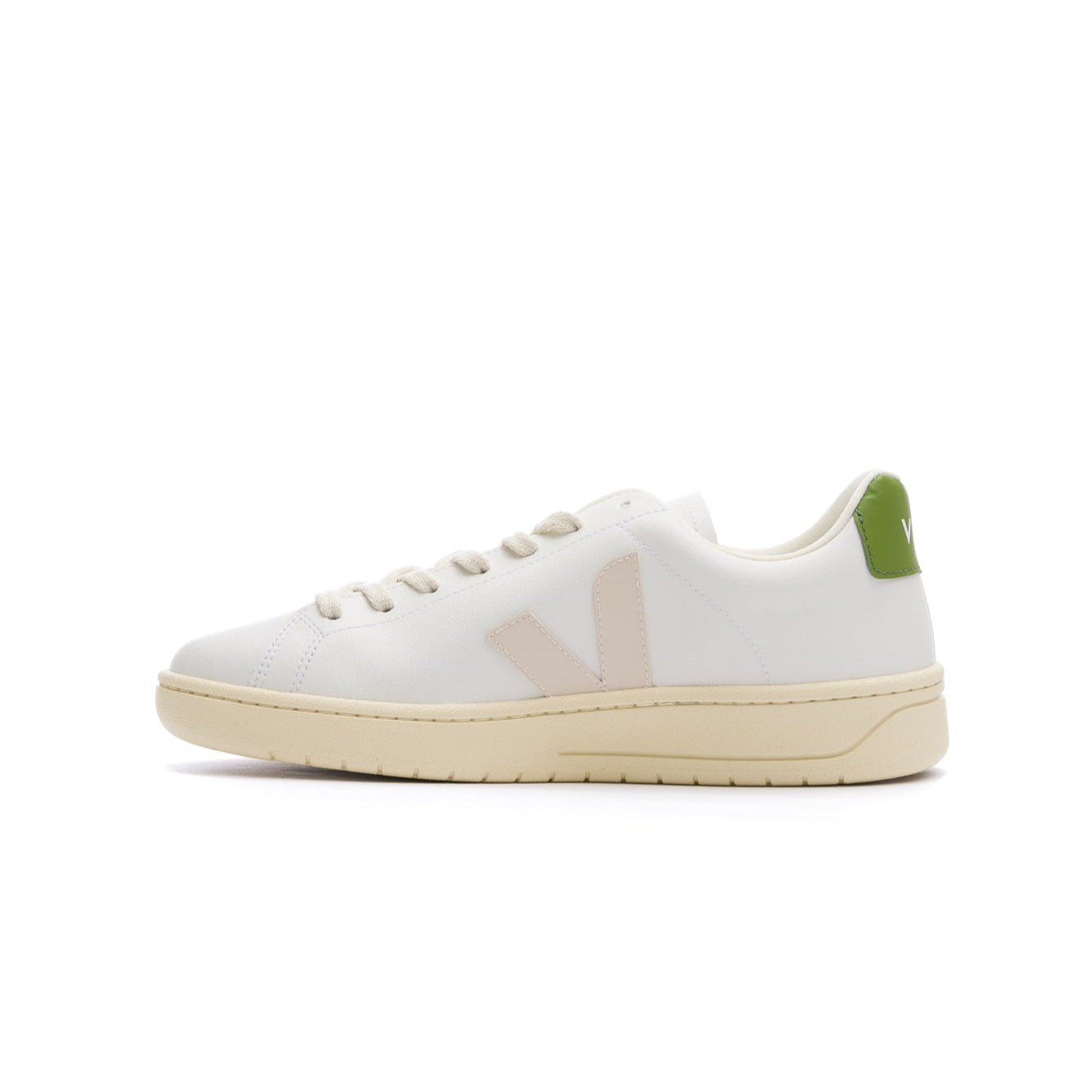 white veja men's urca cwl with off white V, off white sole and green back detail