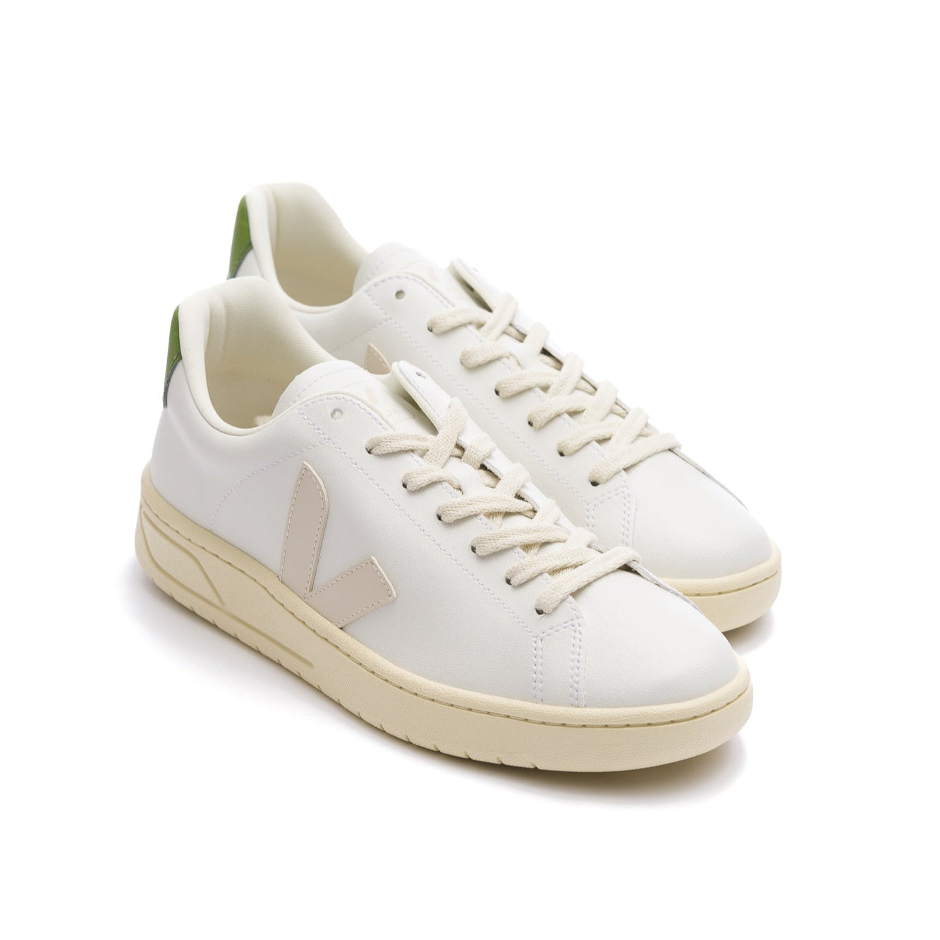white veja men's urca cwl with off white V, off white sole and green back detail