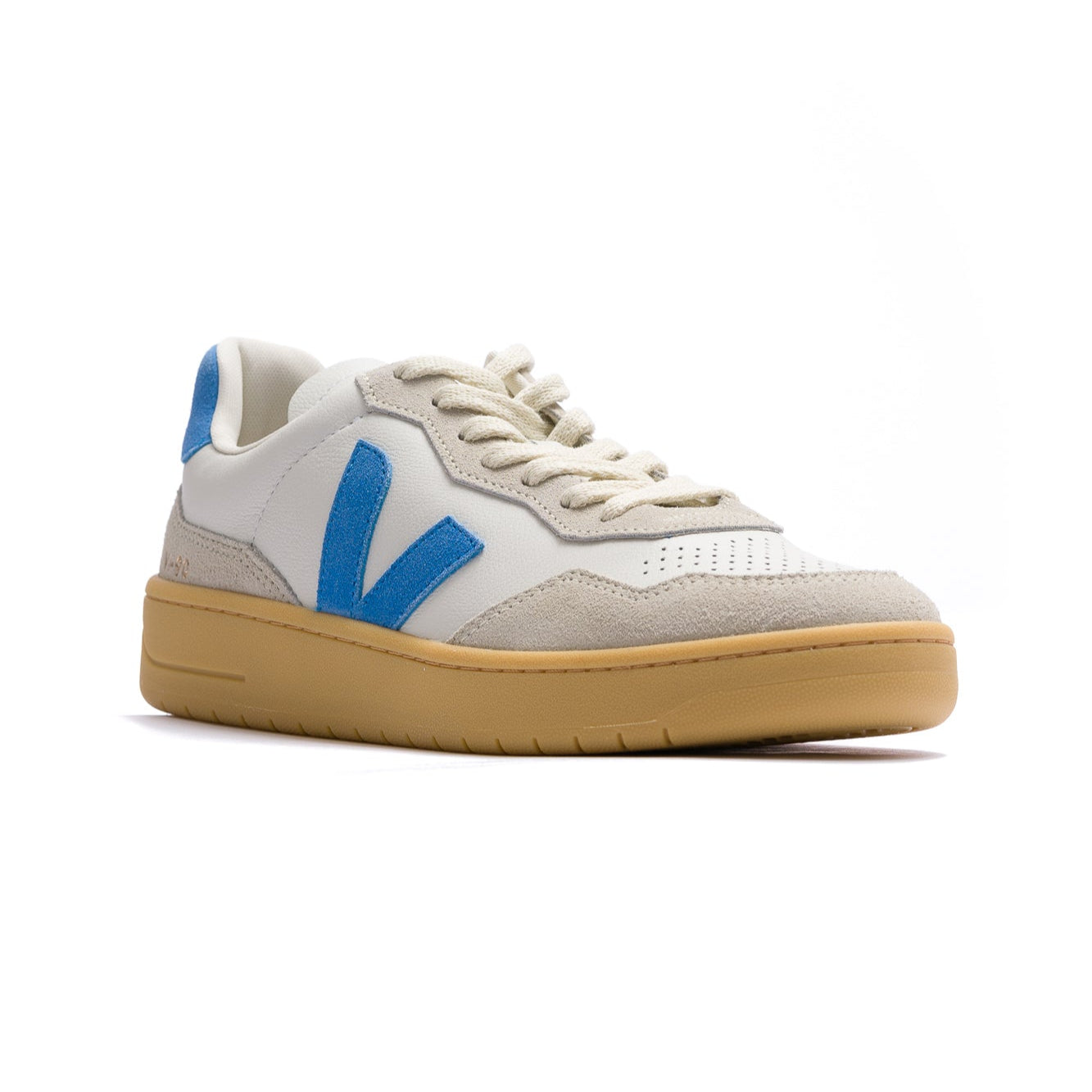 grey suede veja women's v90 with blue suede V and back with white leather toe box and gum sole