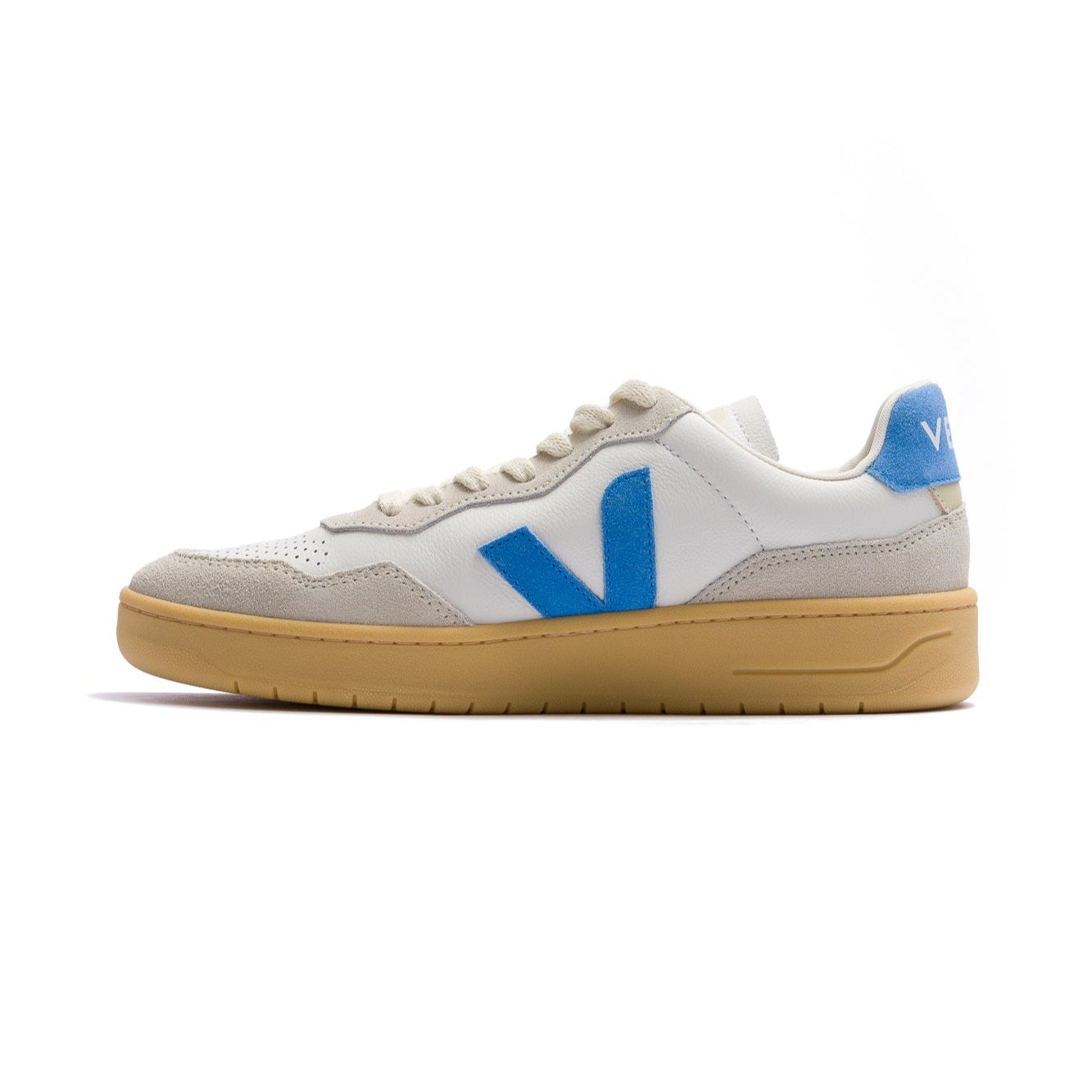 grey suede veja women's v90 with blue suede V and back with white leather toe box and gum sole
