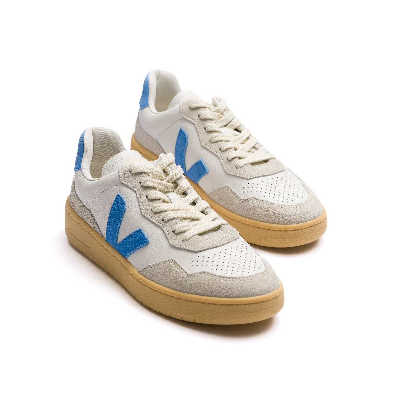grey suede veja women's v90 with blue suede V and back with white leather toe box and gum sole