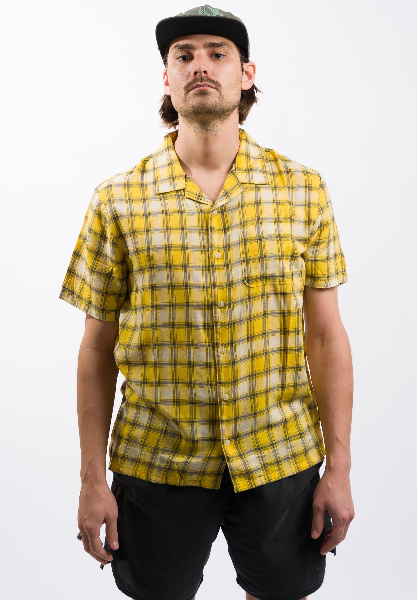yellow and white plaid men's volcom button-down