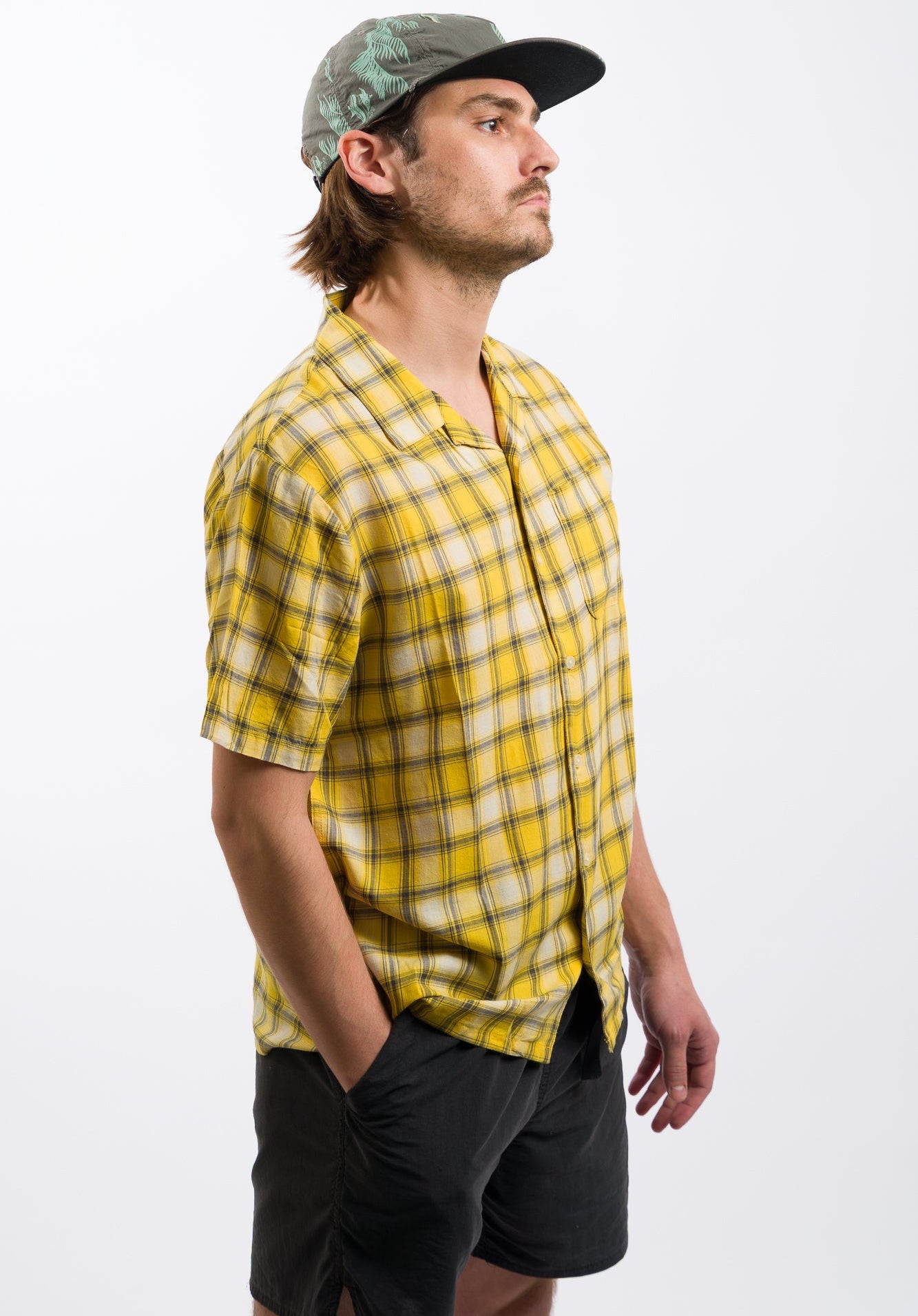 yellow and white plaid men's volcom button-down
