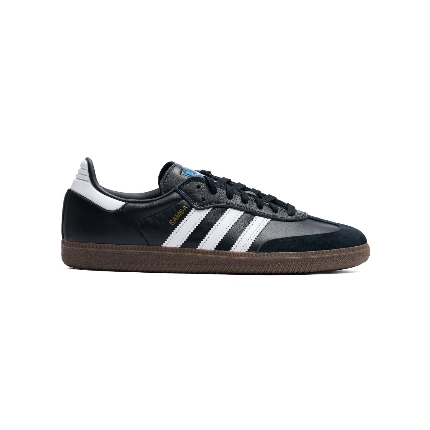 black adidas samba adv skateboard shoe with gum sole and 3 white stripes