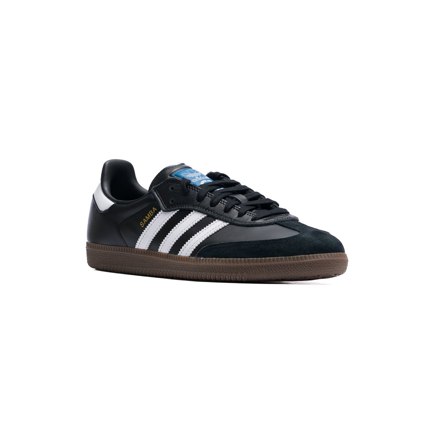 black adidas samba adv skateboard shoe with gum sole and 3 white stripes