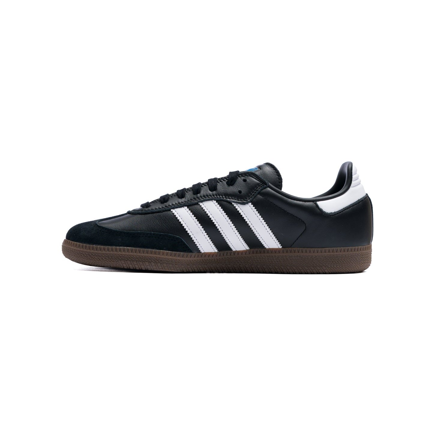 black adidas samba adv skateboard shoe with gum sole and 3 white stripes