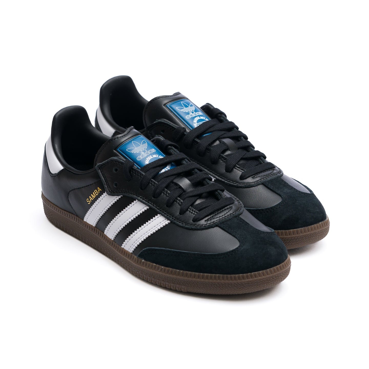 black adidas samba adv skateboard shoe with gum sole and 3 white stripes