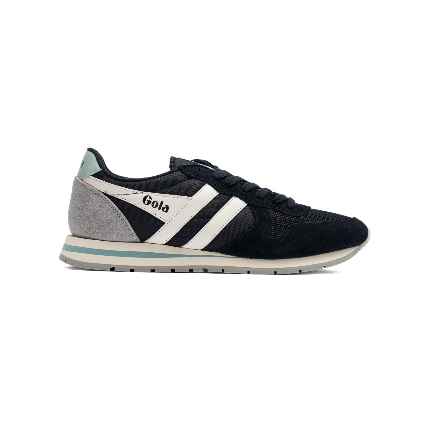 black gola women's daytona sneaker with white side stripes and light blue details
