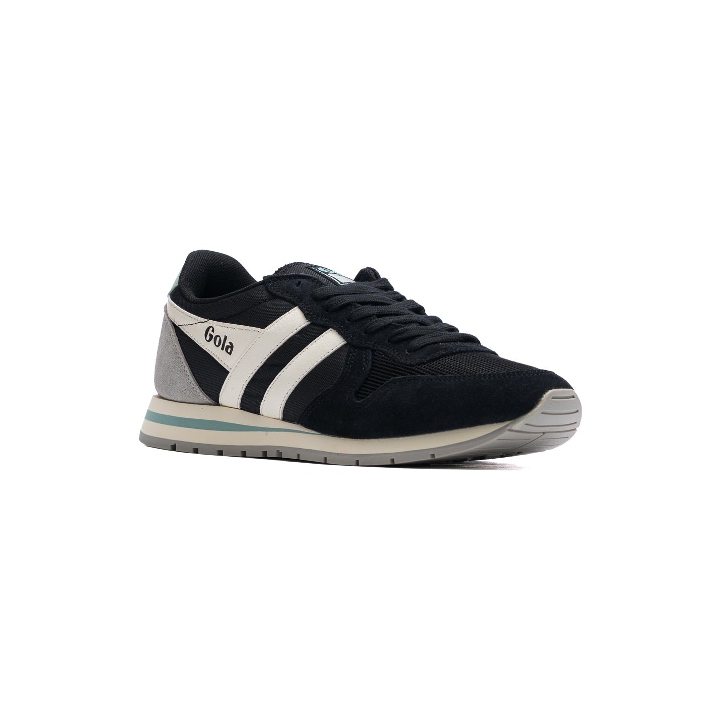 black gola women's daytona sneaker with white side stripes and light blue details