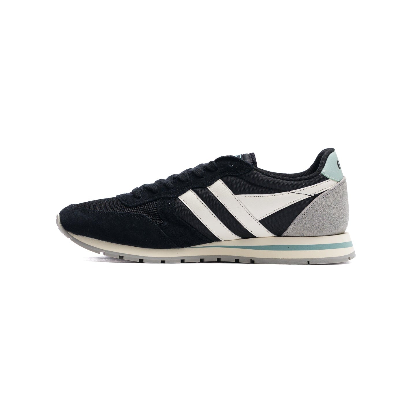 black gola women's daytona sneaker with white side stripes and light blue details