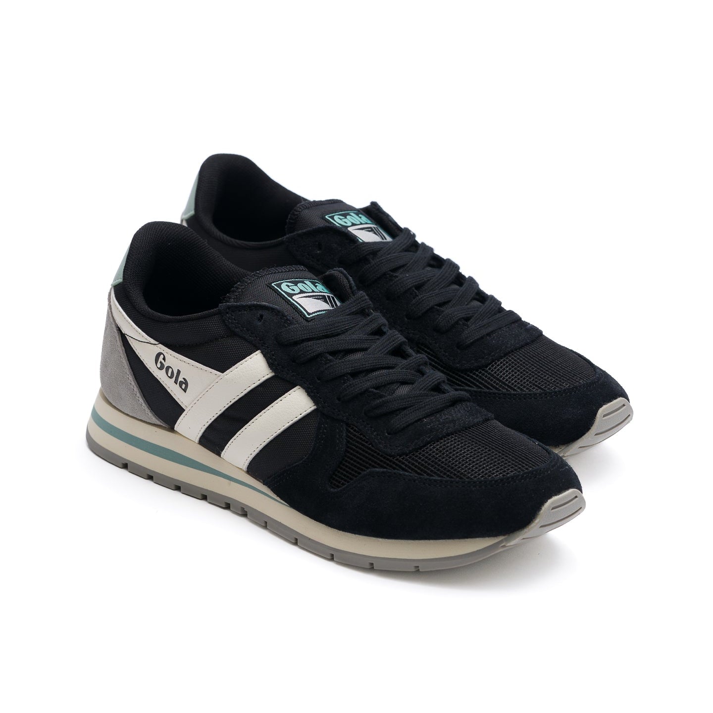 black gola women's daytona sneaker with white side stripes and light blue details