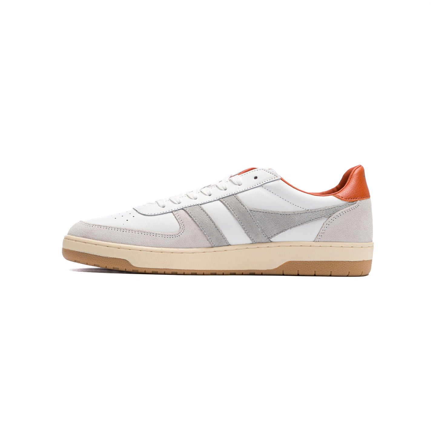 white gola men's hawk with orange back and grey stripes with an off white sole