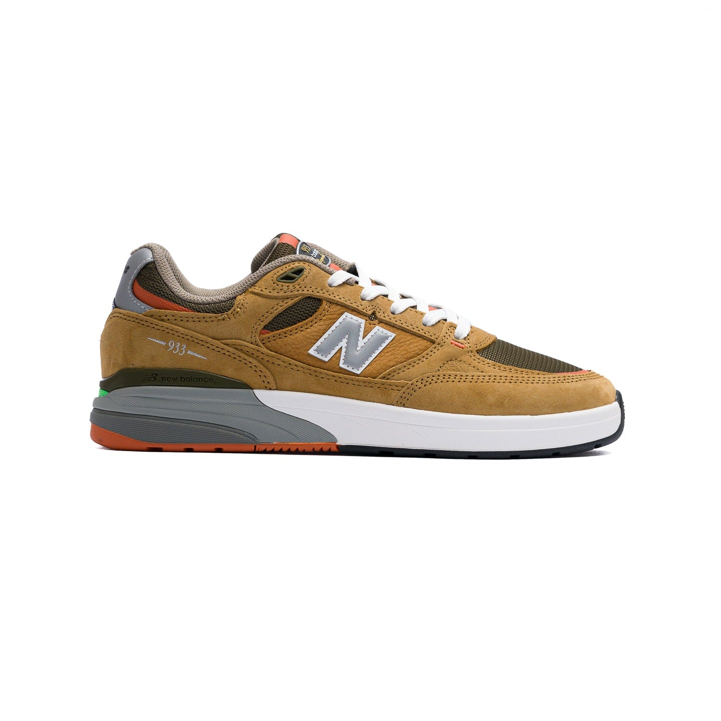 brand new brown new balance numeric andrew reynolds 933 skateboard shoes with silver N and white and grey sole