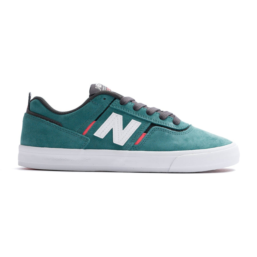 green new balance numeric jamie foy 306 with pink highlights, white N logo and white sole men's skate shoe
