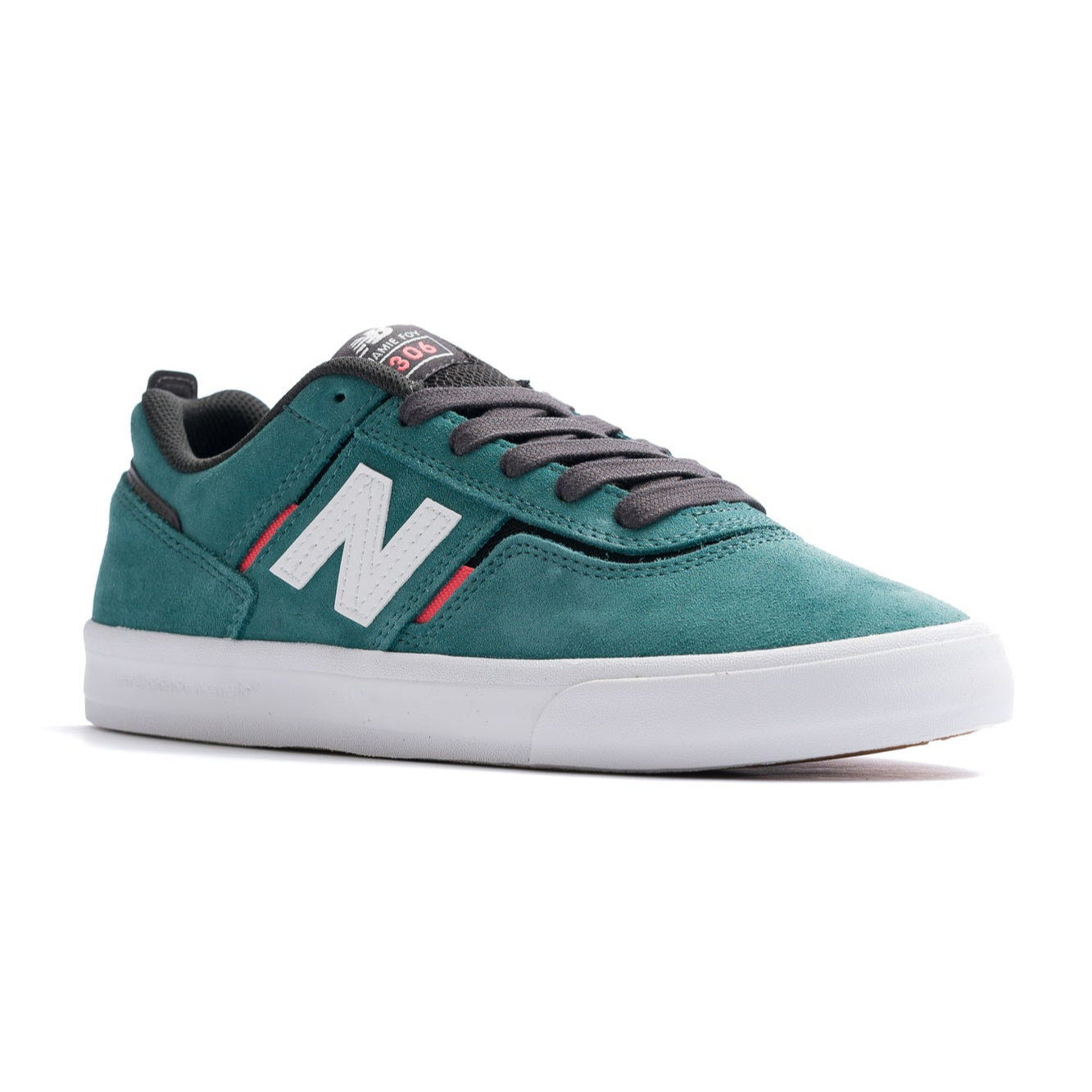 green new balance numeric jamie foy 306 with pink highlights, white N logo and white sole men's skate shoe