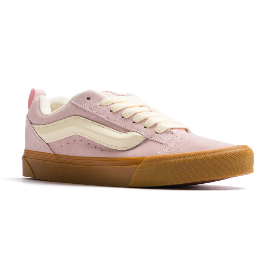 pink vans knu skool with off white stripe and gum sole