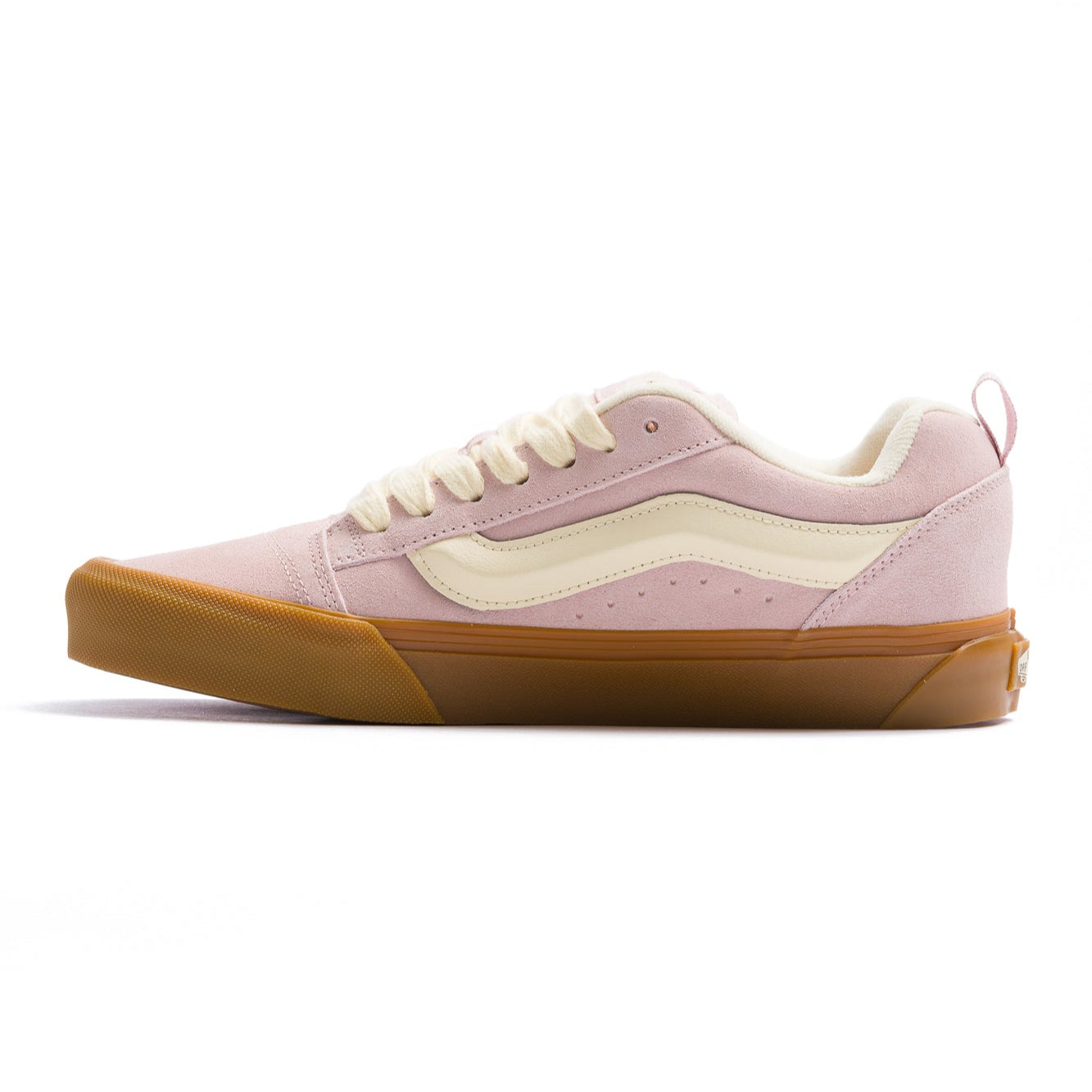 pink vans knu skool with off white stripe and gum sole