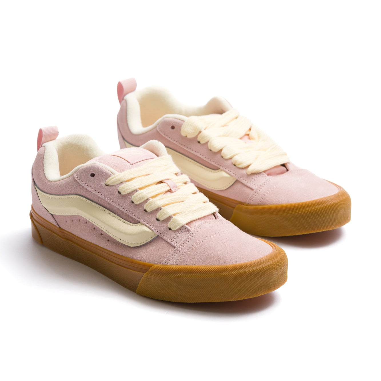 pink vans knu skool with off white stripe and gum sole