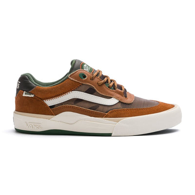 brown vans men's wayvee pro skateboard shoes with white stripe, white sole and green detail