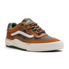 brown vans men's wayvee pro skateboard shoes with white stripe, white sole and green detail