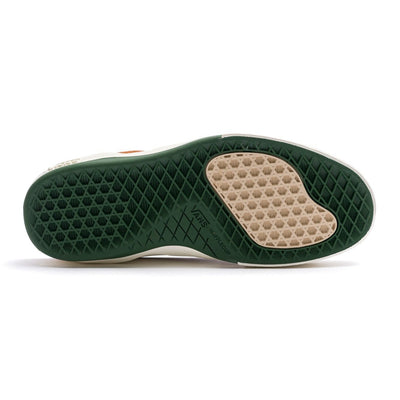 brown vans men's wayvee pro skateboard shoes with white stripe, white sole and green detail