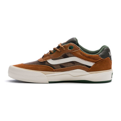 brown vans men's wayvee pro skateboard shoes with white stripe, white sole and green detail