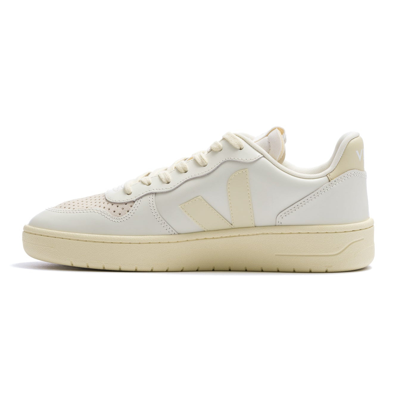 women's white  fairtrade leather veja v-10 sneaker with off white v logo and off white sole