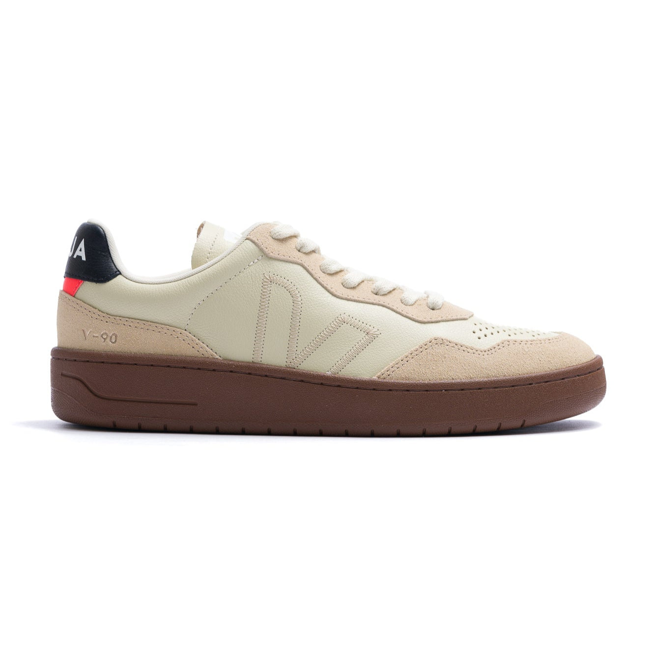 tan and off white  men's veja v-90 with dark gum sole