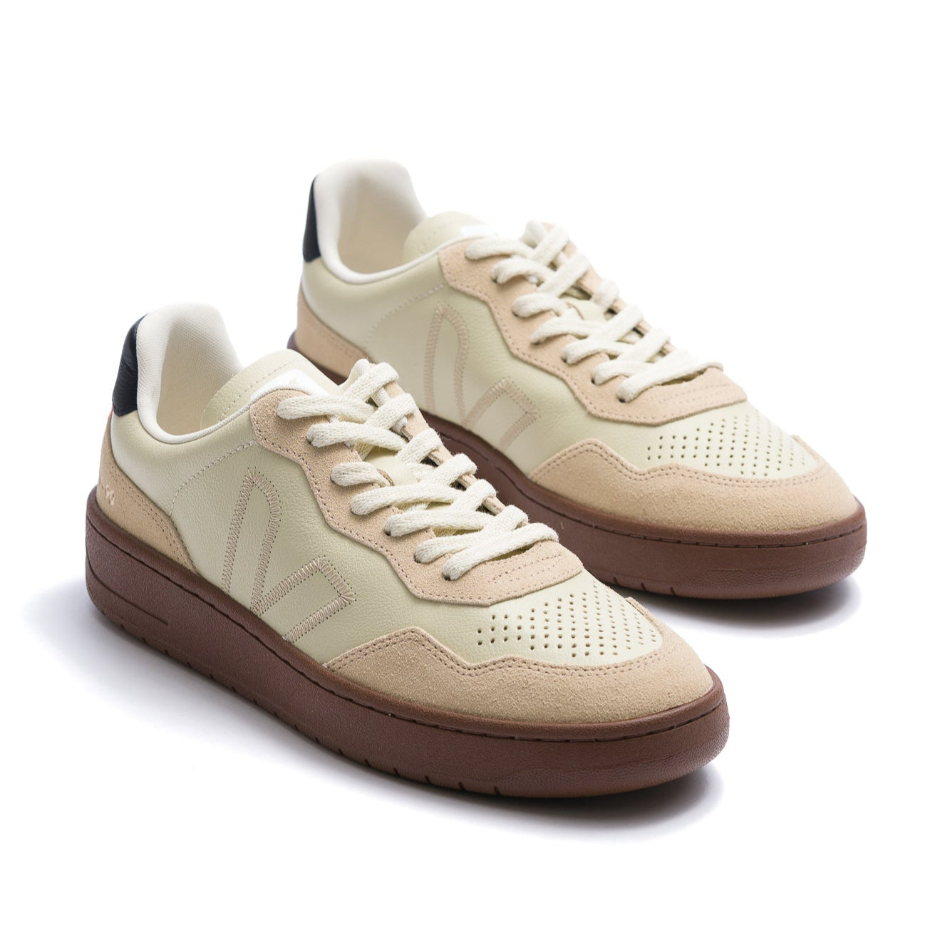 tan and off white  men's veja v-90 with dark gum sole