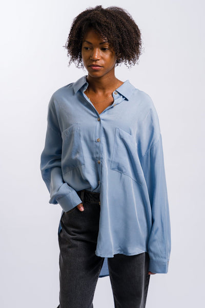 blue the workshop button-up long sleeve women's chambray shirt