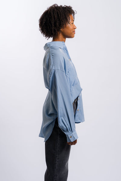 blue the workshop button-up long sleeve women's chambray shirt