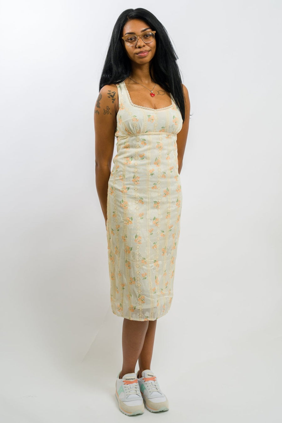 cream floral Loose Fit Midi Dress