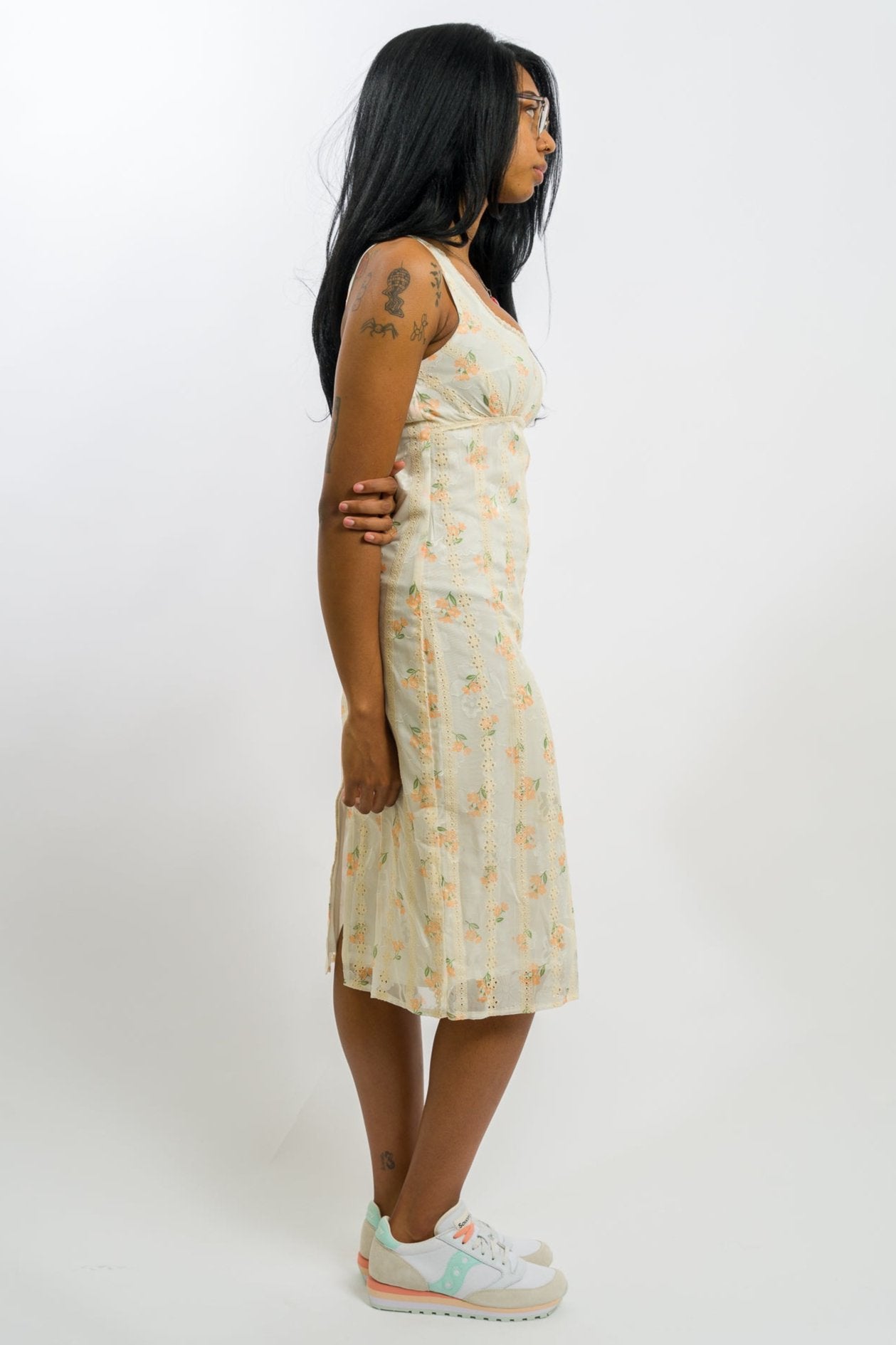 cream floral Loose Fit Midi Dress