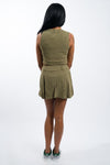 women's green nia Linen cropped boxy vest and Linen striped mid-rise mini skirt featuring two front pleats and a button closure