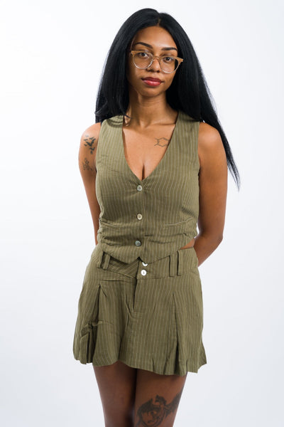 women's green nia Linen cropped boxy vest and Linen striped mid-rise mini skirt featuring two front pleats and a button closure