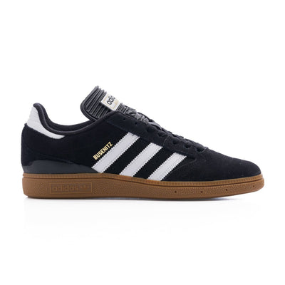 black adidas men's busenitz skate shoe with three white stripes and gum sole