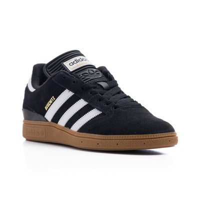 black adidas men's busenitz skate shoe with three white stripes and gum sole