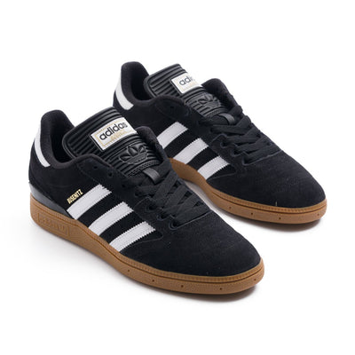 black adidas men's busenitz skate shoe with three white stripes and gum sole