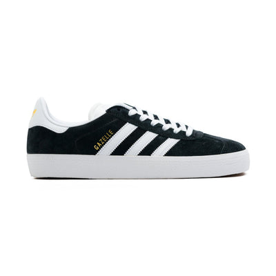 black suede adidas gazelle skate shoe with white stripes and a white sole