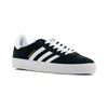 black suede adidas gazelle skate shoe with white stripes and a white sole