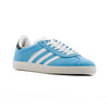 baby blue adidas gazella skate shoes in collaboration with famila skate shop and mnufc with white stripes and a white sole