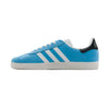 baby blue adidas gazella skate shoes in collaboration with famila skate shop and mnufc with white stripes and a white sole