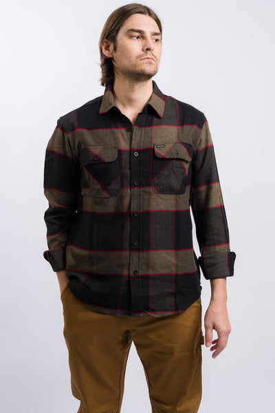 black and brown brixton men's flannel button up shirt with red line detail