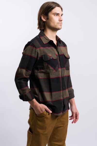 black and brown brixton men's flannel button up shirt with red line detail