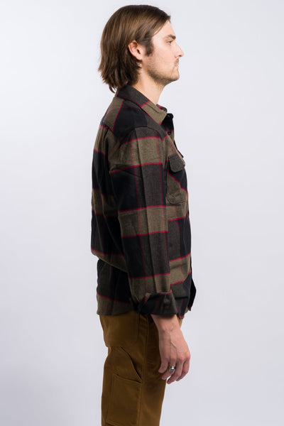 black and brown brixton men's flannel button up shirt with red line detail