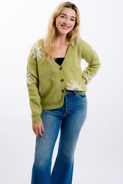 green tufted intarsia cardigan by daisy street with white design