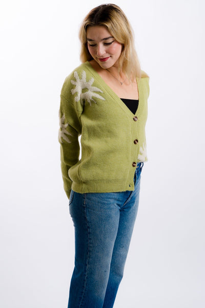 green tufted intarsia cardigan by daisy street with white design