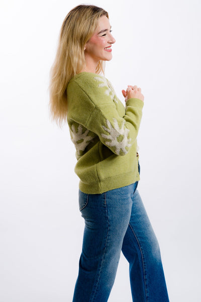 green tufted intarsia cardigan by daisy street with white design