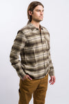 grey, brown and white dickies men's flannel button up shirt