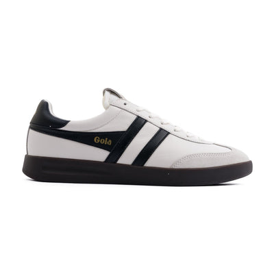 white gola women's shoe with black stripes and black sole